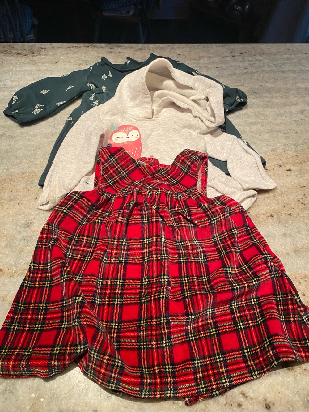 Carter's Red Plaid Dress with Cream Hooded Top and Green Floral Dress Set